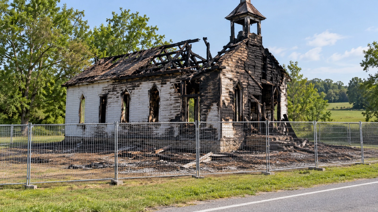 Franklin’s Burned ‘Hogeye Town Hall’: What the Video Can—and Cannot—Show 6 Fire-damaged rural meeting house secured behind a safety fence in daylight