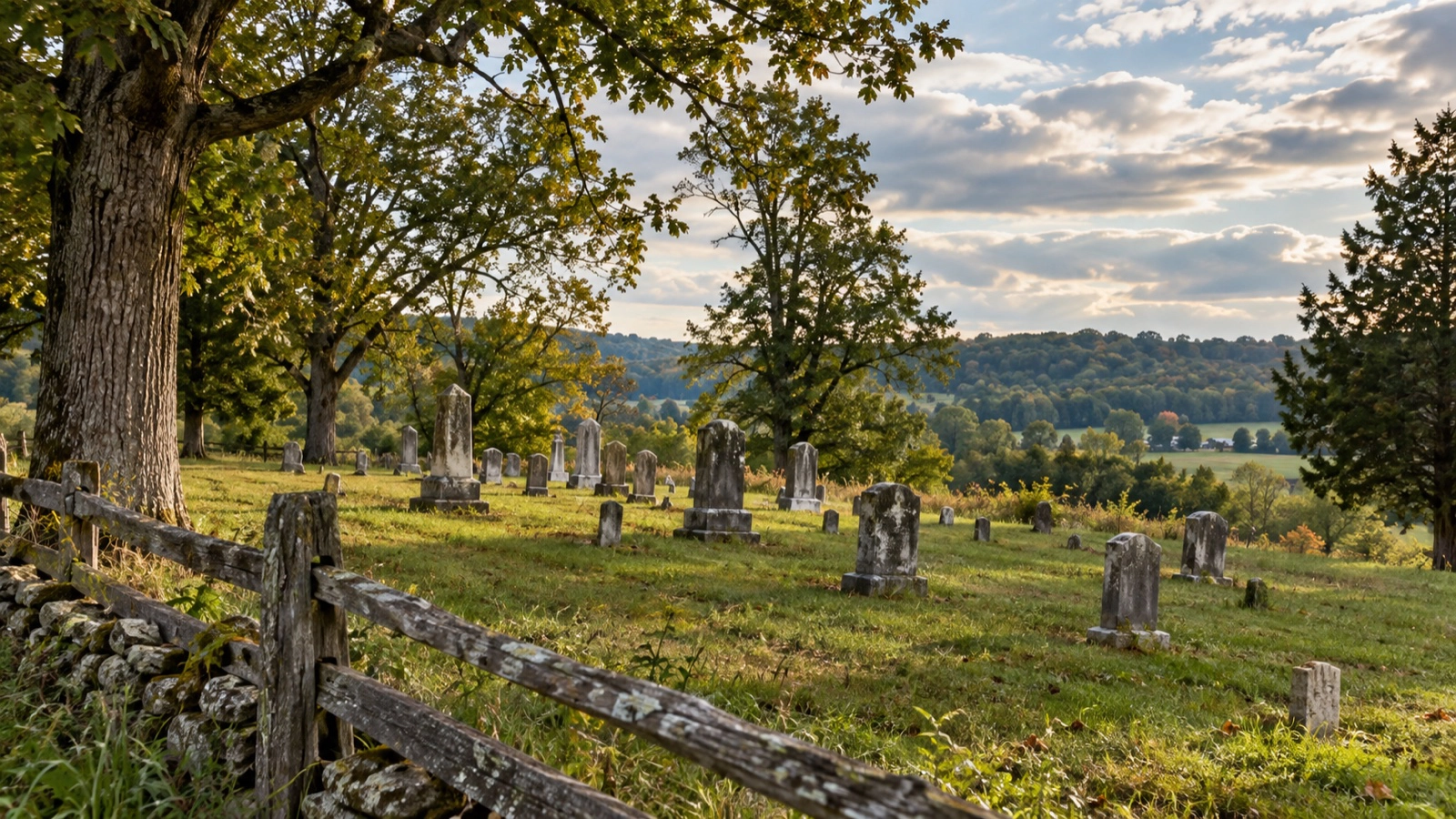 Weathered grave markers in a rural Kentucky cemetery in daylight