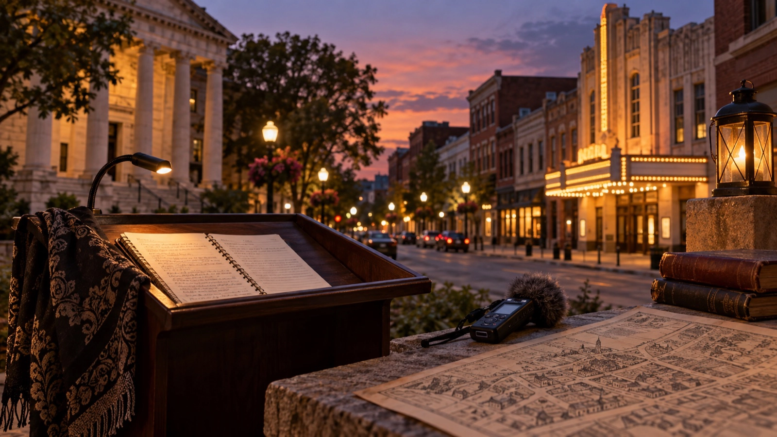 Empty tour lectern, notebook, audio recorder, city map, and Lexington streetscape at twilight