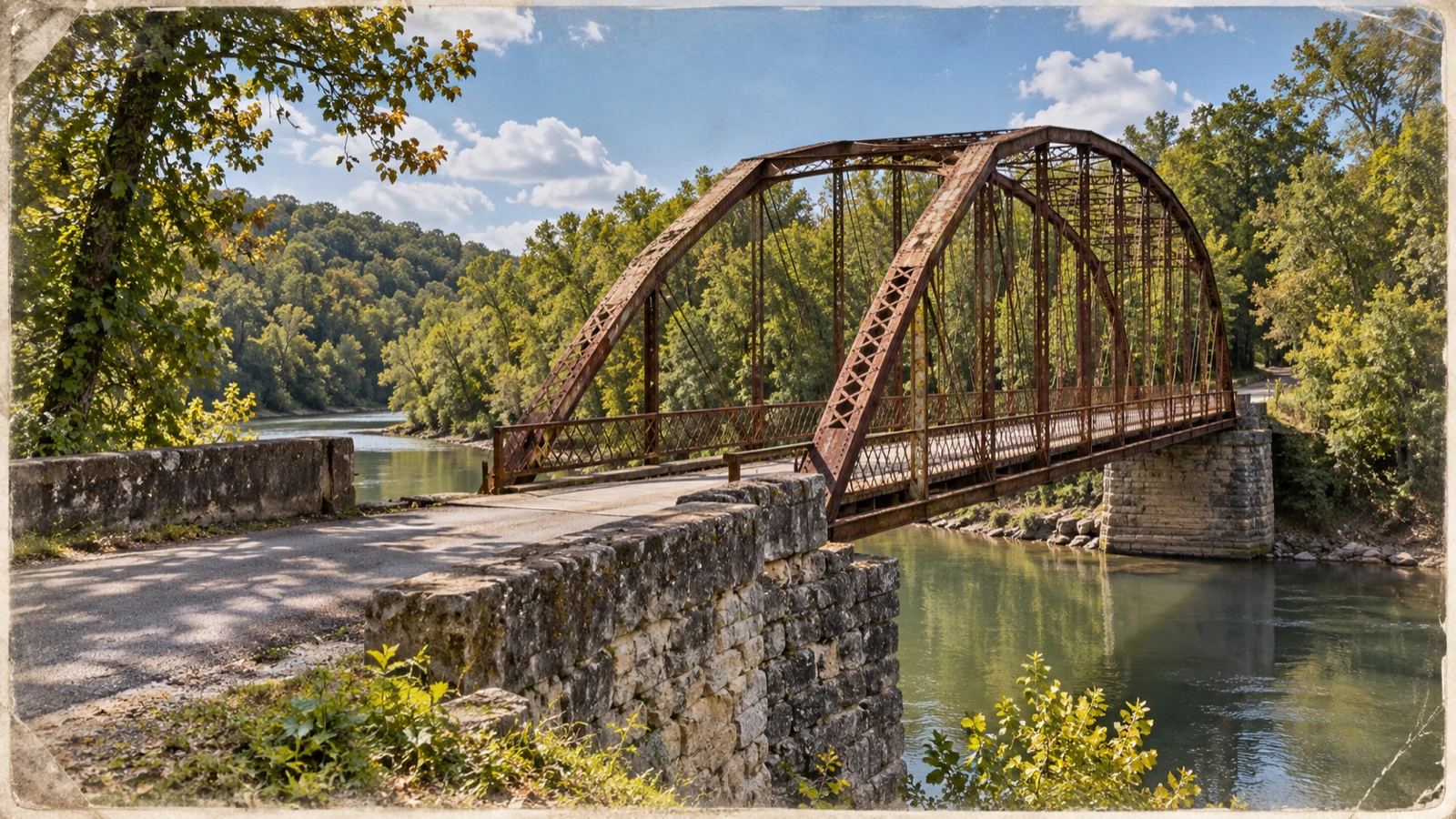 Historic bowstring iron bridge over a Kentucky river in daylight