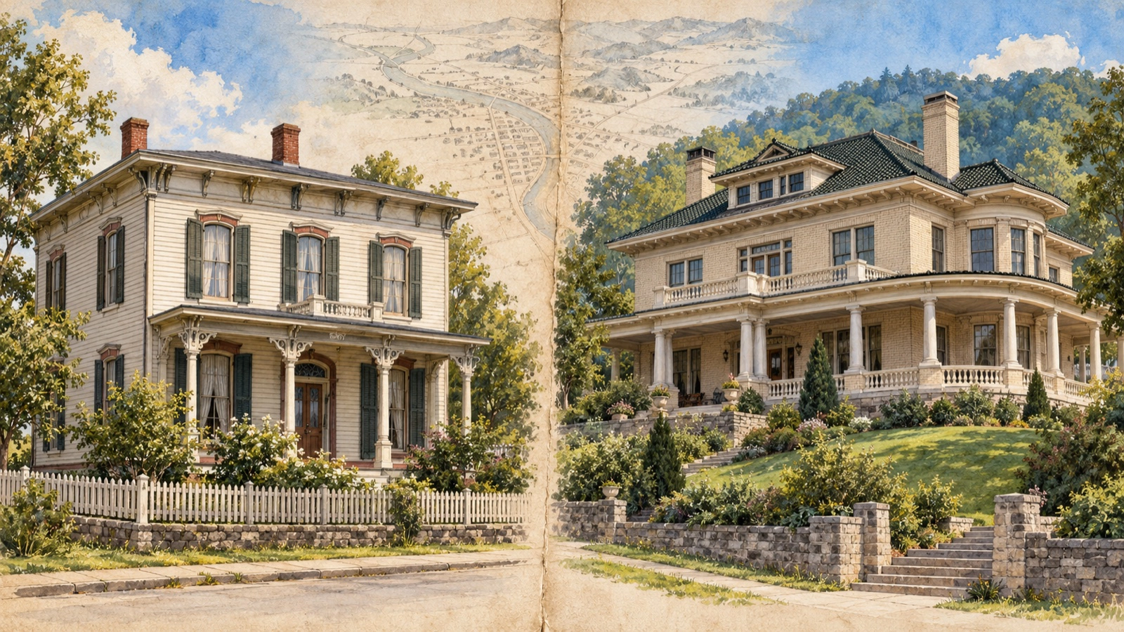 An architectural illustration comparing a smaller Italianate house with a later hillside mansion