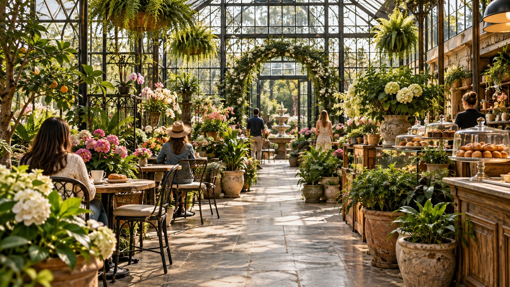 Plant-filled glass greenhouse with café tables and a clear central aisle