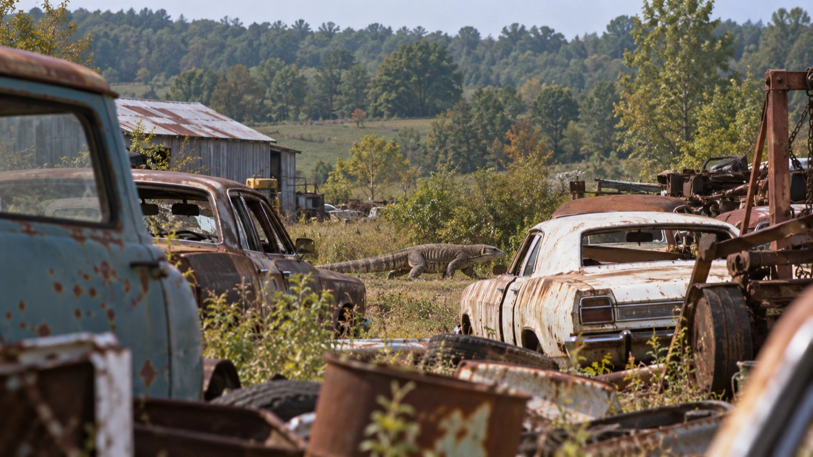 Large monitor-like lizard partly visible among vehicles in a 1970s rural salvage yard