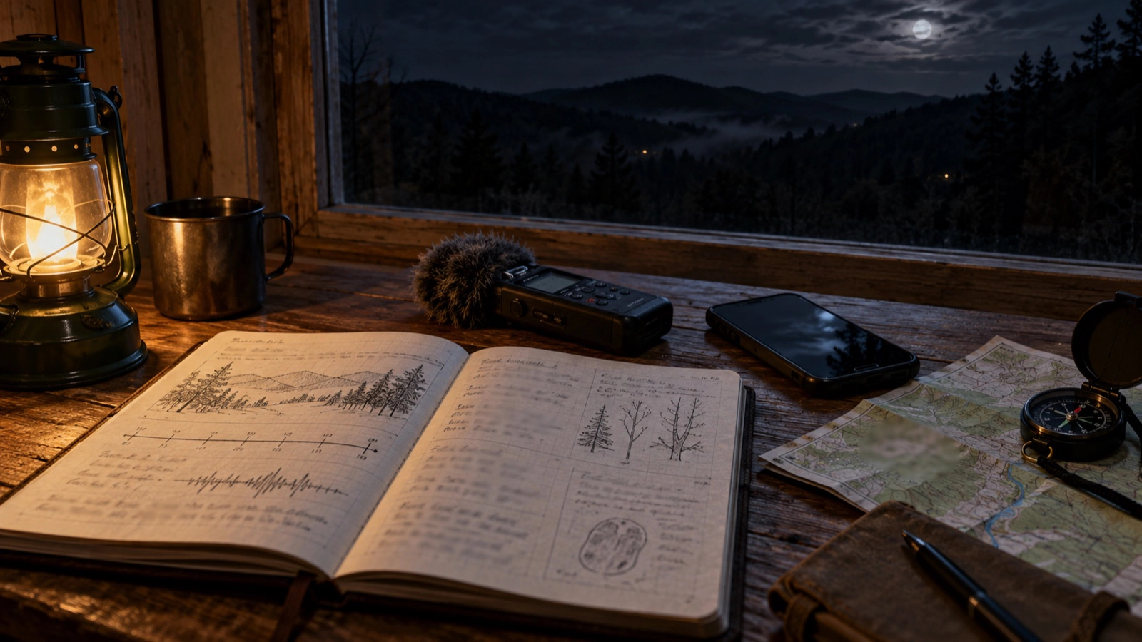 Notebook, recorder, phone, compass, and map arranged beside a dark Appalachian ridge