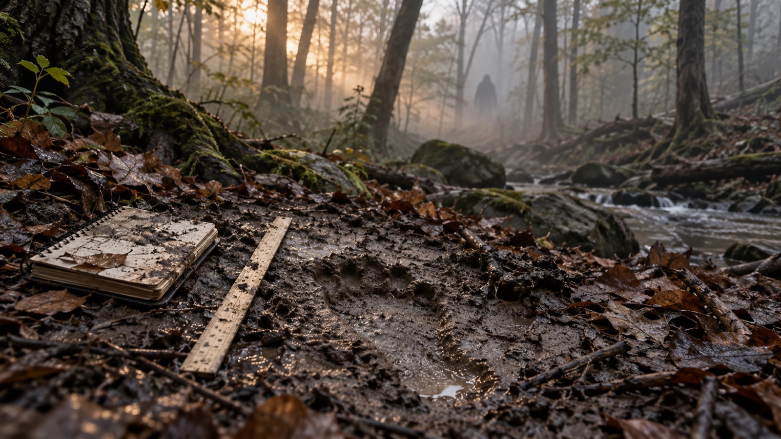 Ambiguous large footprint beside a ruler and field notebook in a misty Kentucky forest