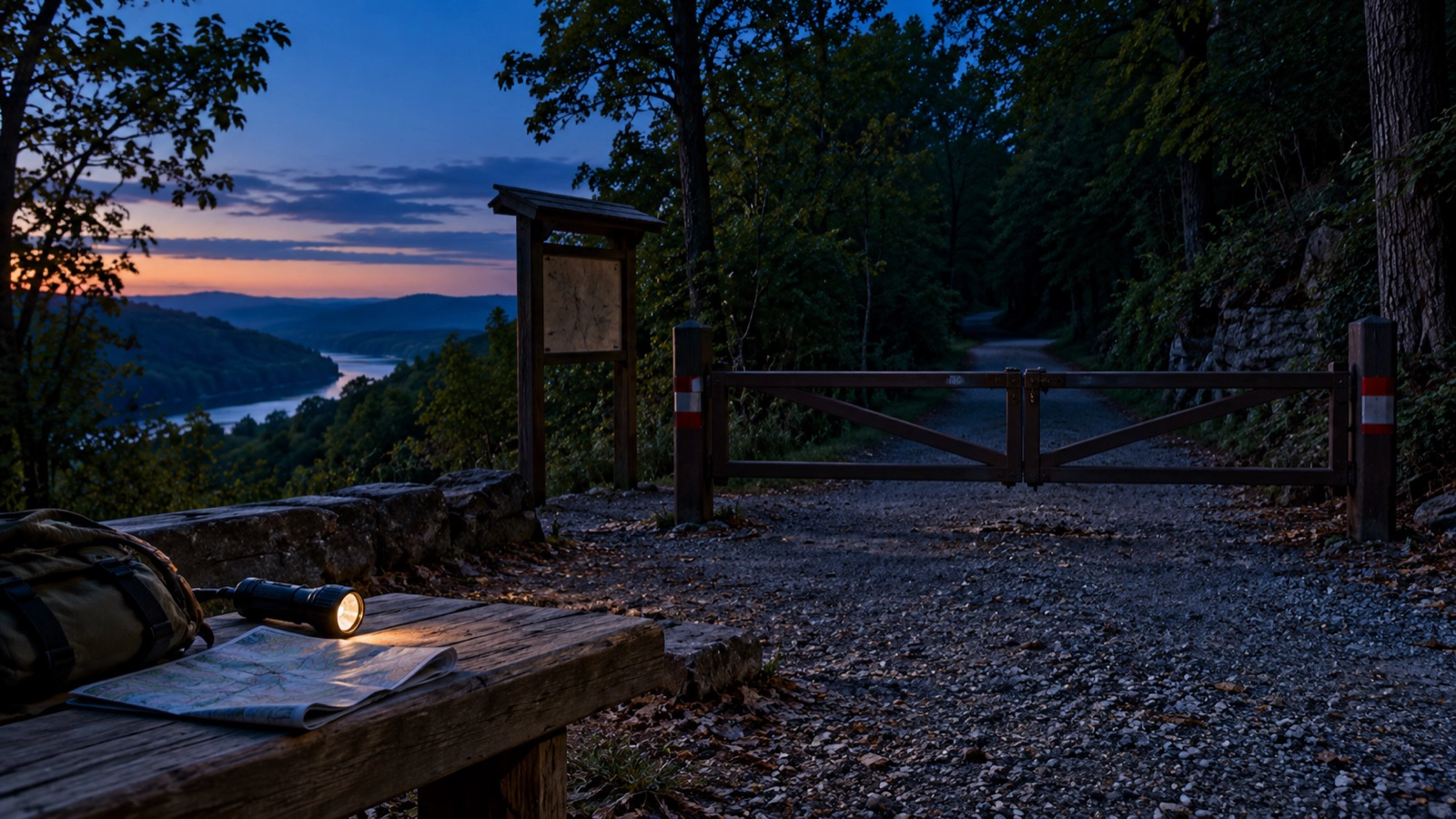 Closed forest trailhead at blue hour with a flashlight and map on a bench