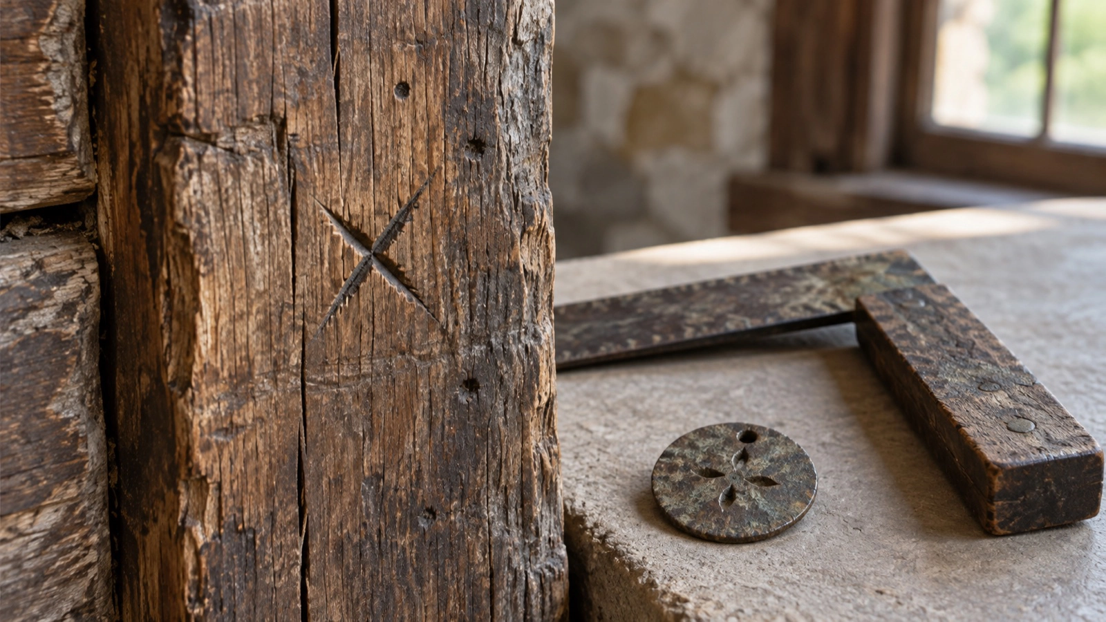 A carved X on an old timber beside a carpenter square and pierced token