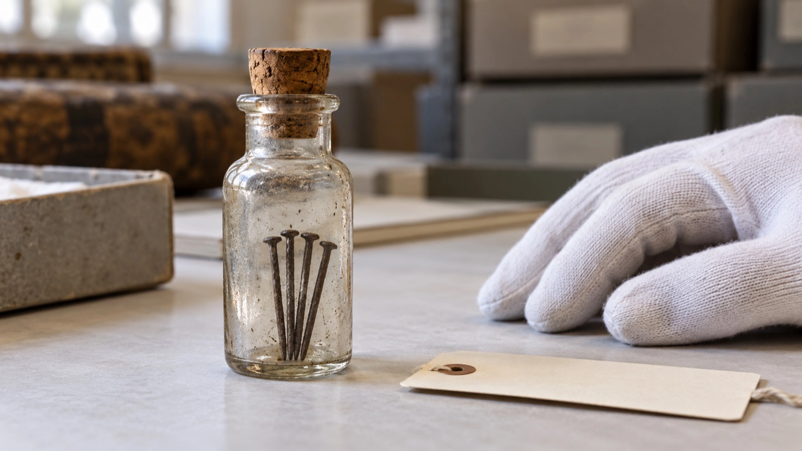 A small corked glass vial holding four pins on a museum worktable