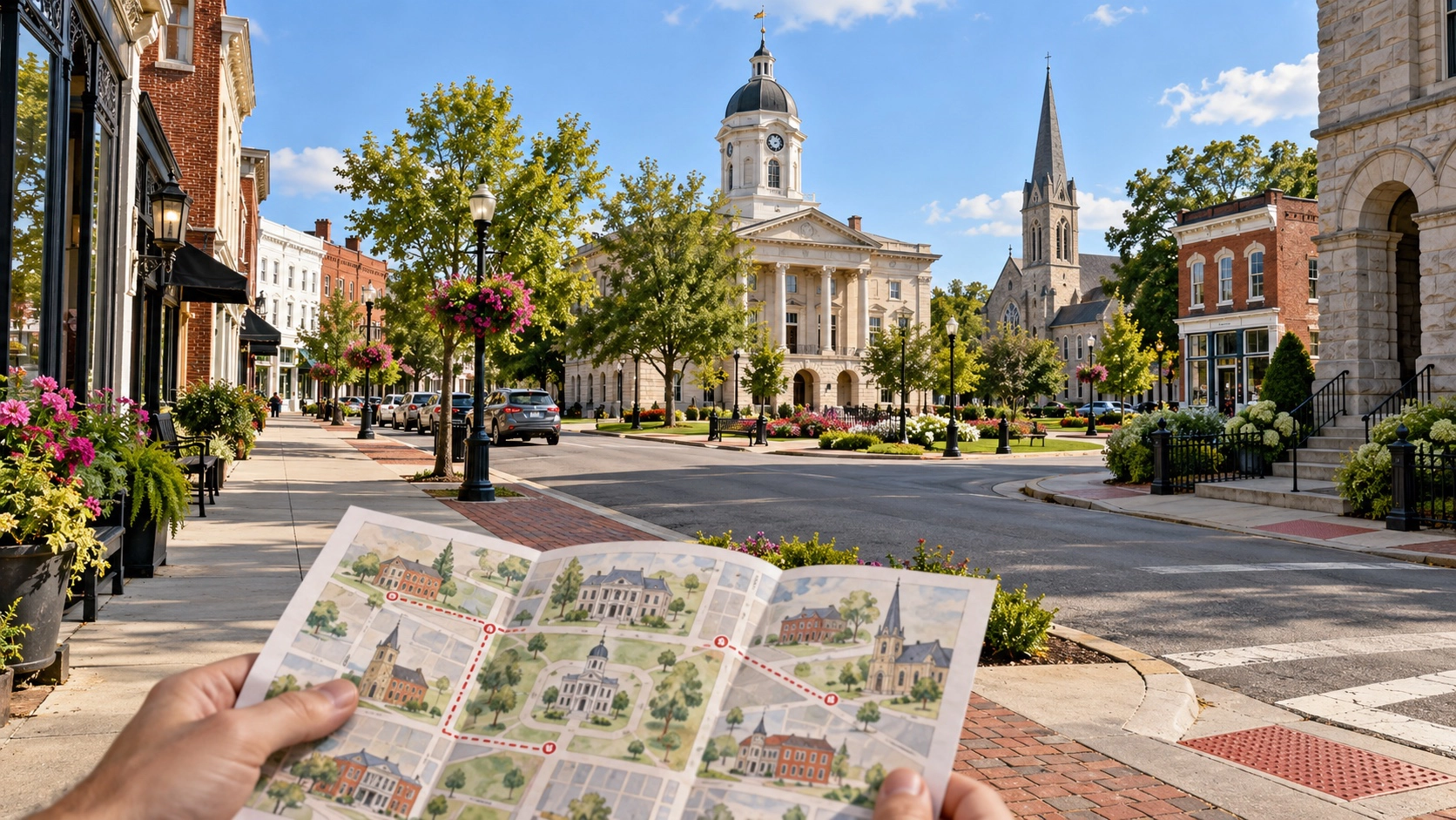 Historic Kentucky courthouse-square streetscape with varied civic, church, and commercial buildings