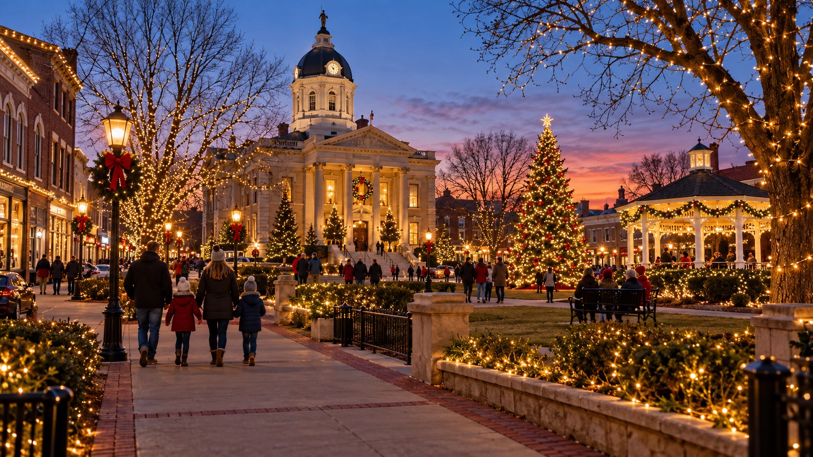 Historic Kentucky courthouse square with warm holiday lights and families at twilight