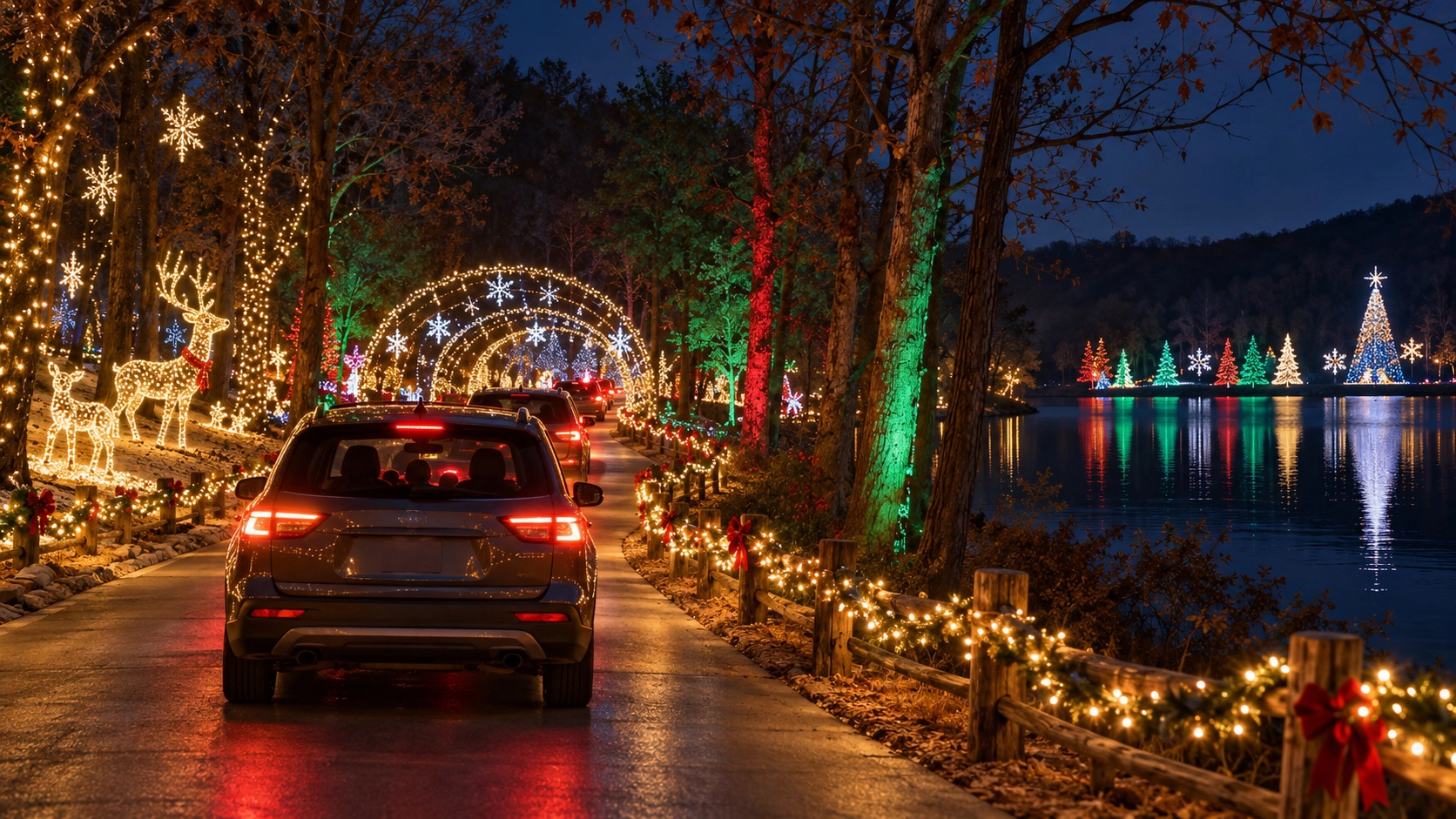 Cars following an orderly holiday light route through a wooded lakeside park at night