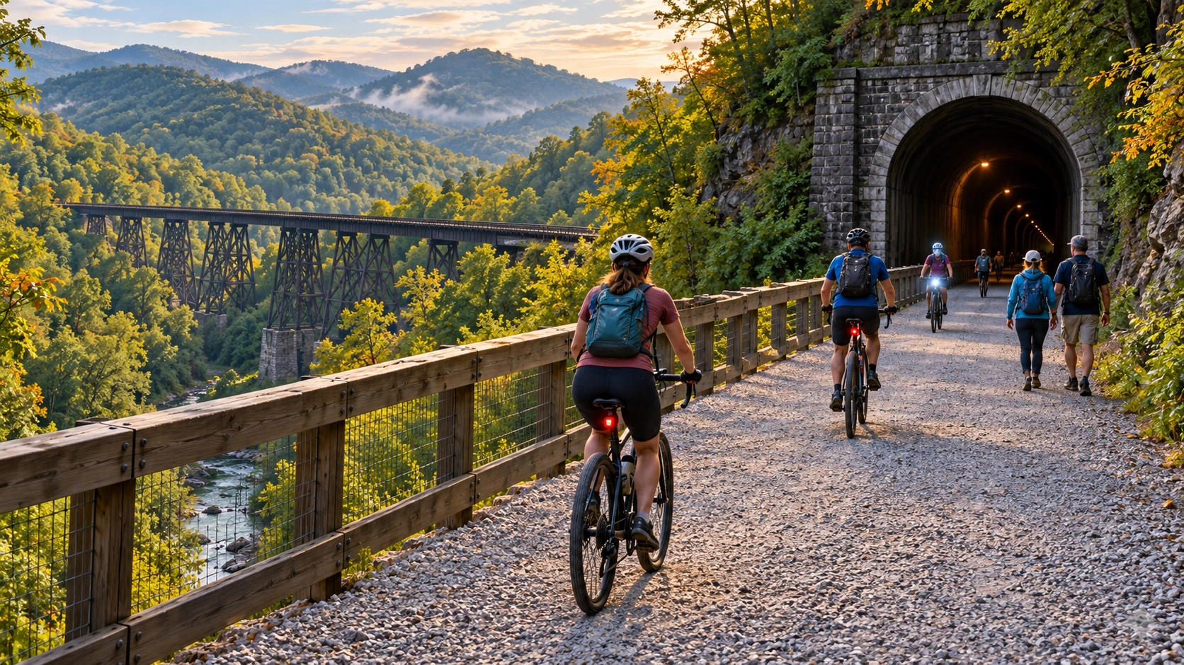 Helmeted cyclists and walkers approaching a mountain rail tunnel on a gravel trail
