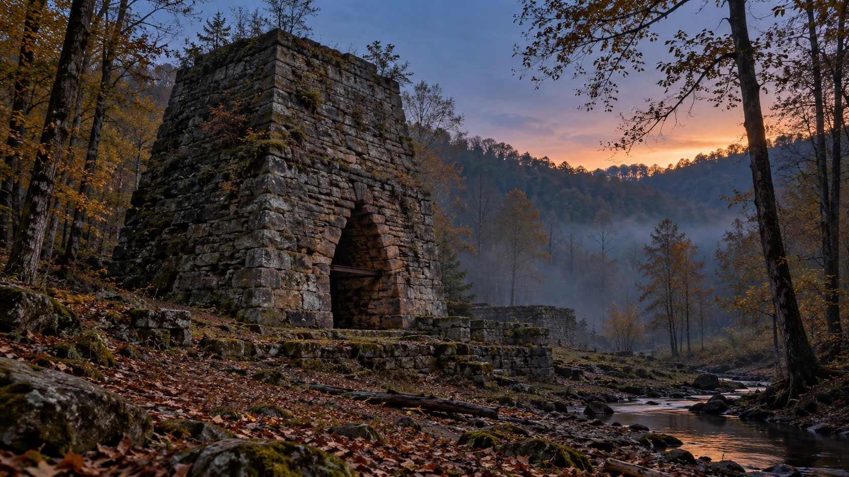 Stone iron furnace in a wooded Kentucky valley at dusk