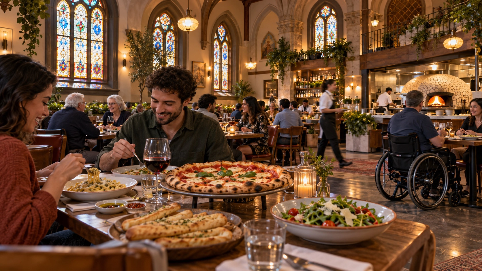 Joe Bologna’s Lexington: Menu, Historic Building, and Visitor Guide 6 Diners eating pizza, pasta, salad, and breadsticks in an accessible historic stained-glass interior