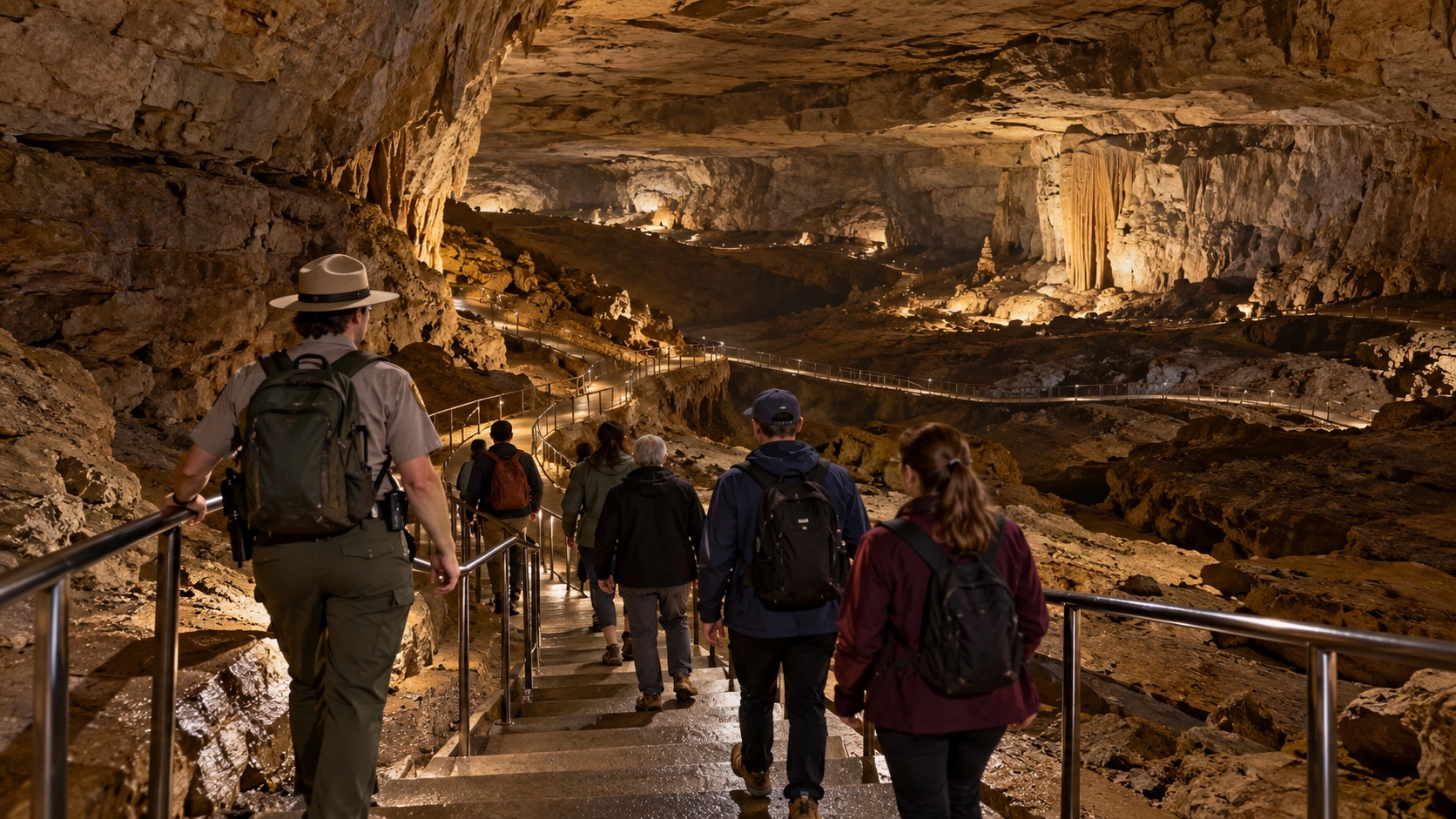 Ranger-led group descending a developed cave stairway with handrails