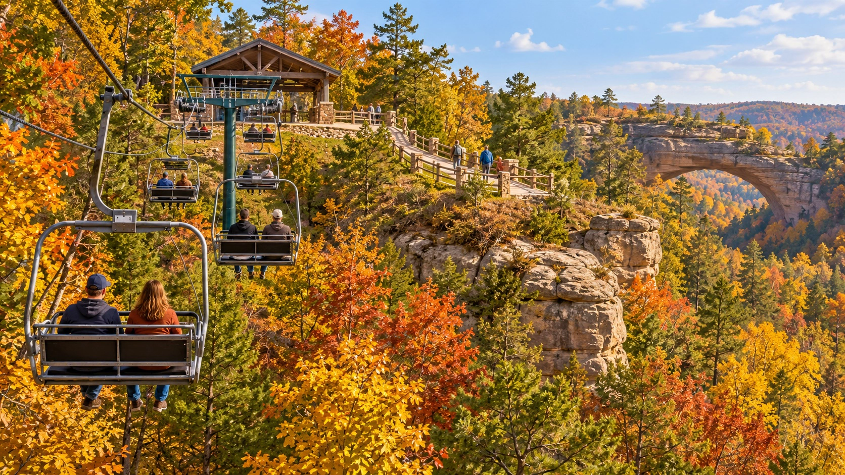 Open chairlift ascending an autumn forest near a path and distant sandstone arch