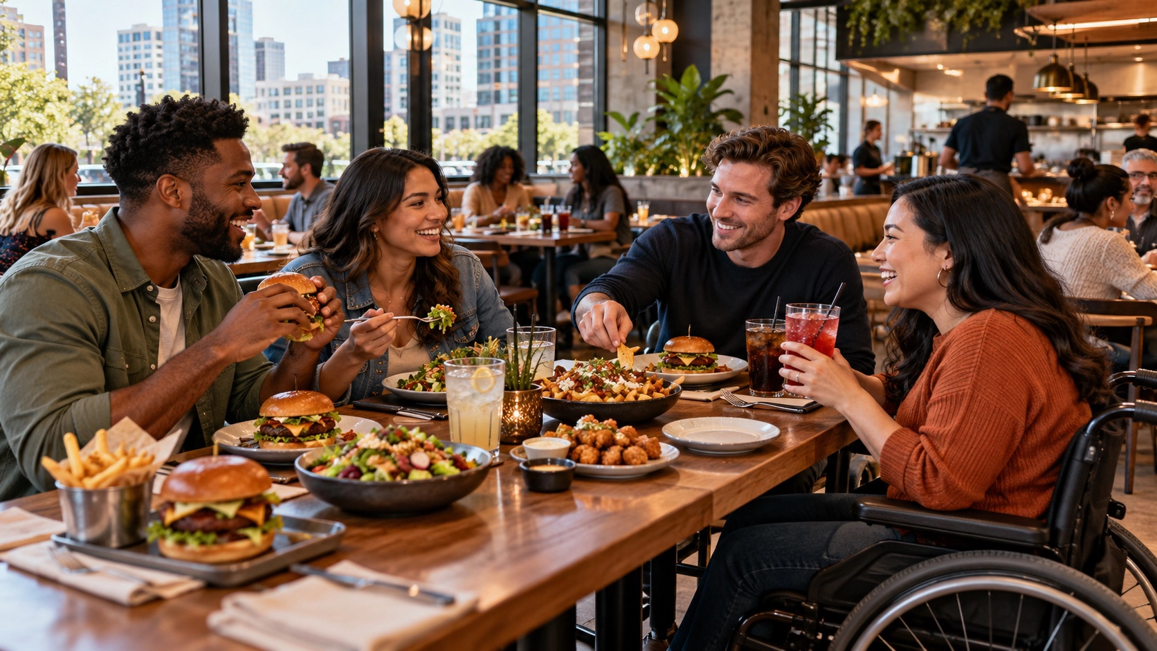 Friends sharing burgers, salad, appetizers, and nonalcoholic drinks at an accessible downtown restaurant