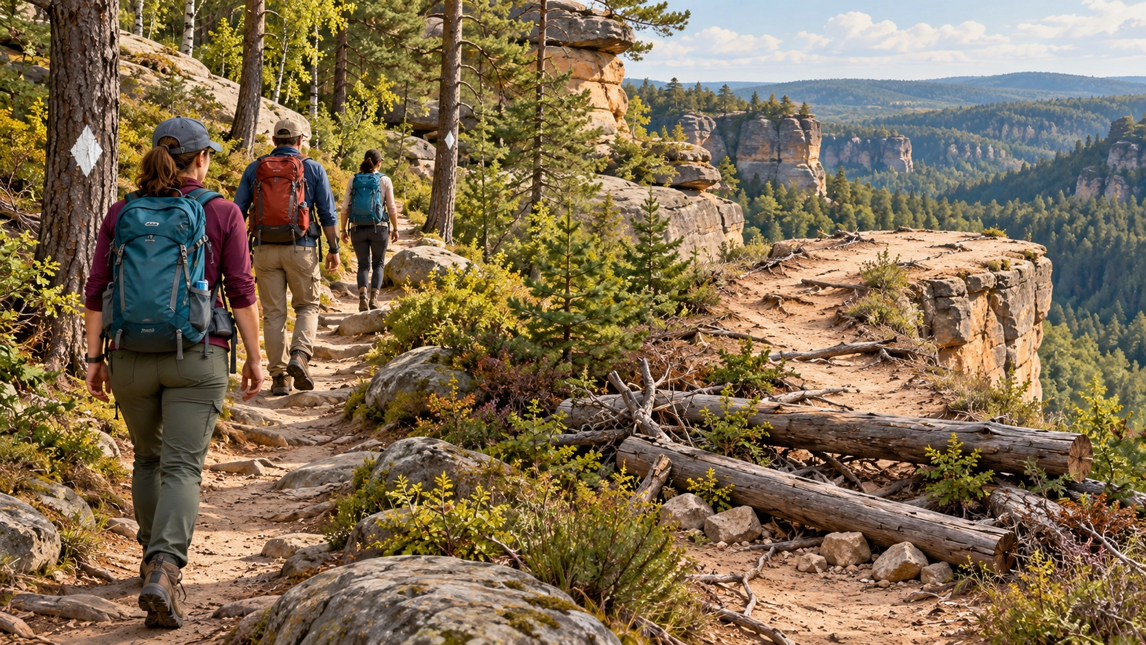 Hikers following white diamond trail markers while an eroded cliff path remains blocked