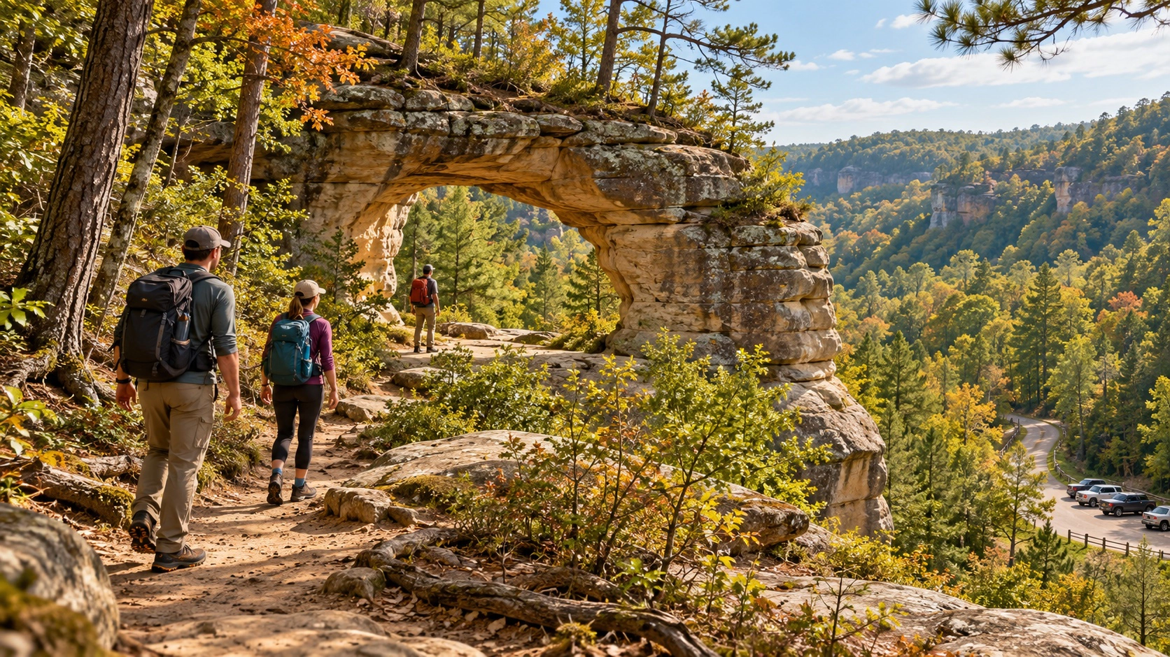 Prepared hikers following a short natural forest trail toward a sandstone arch