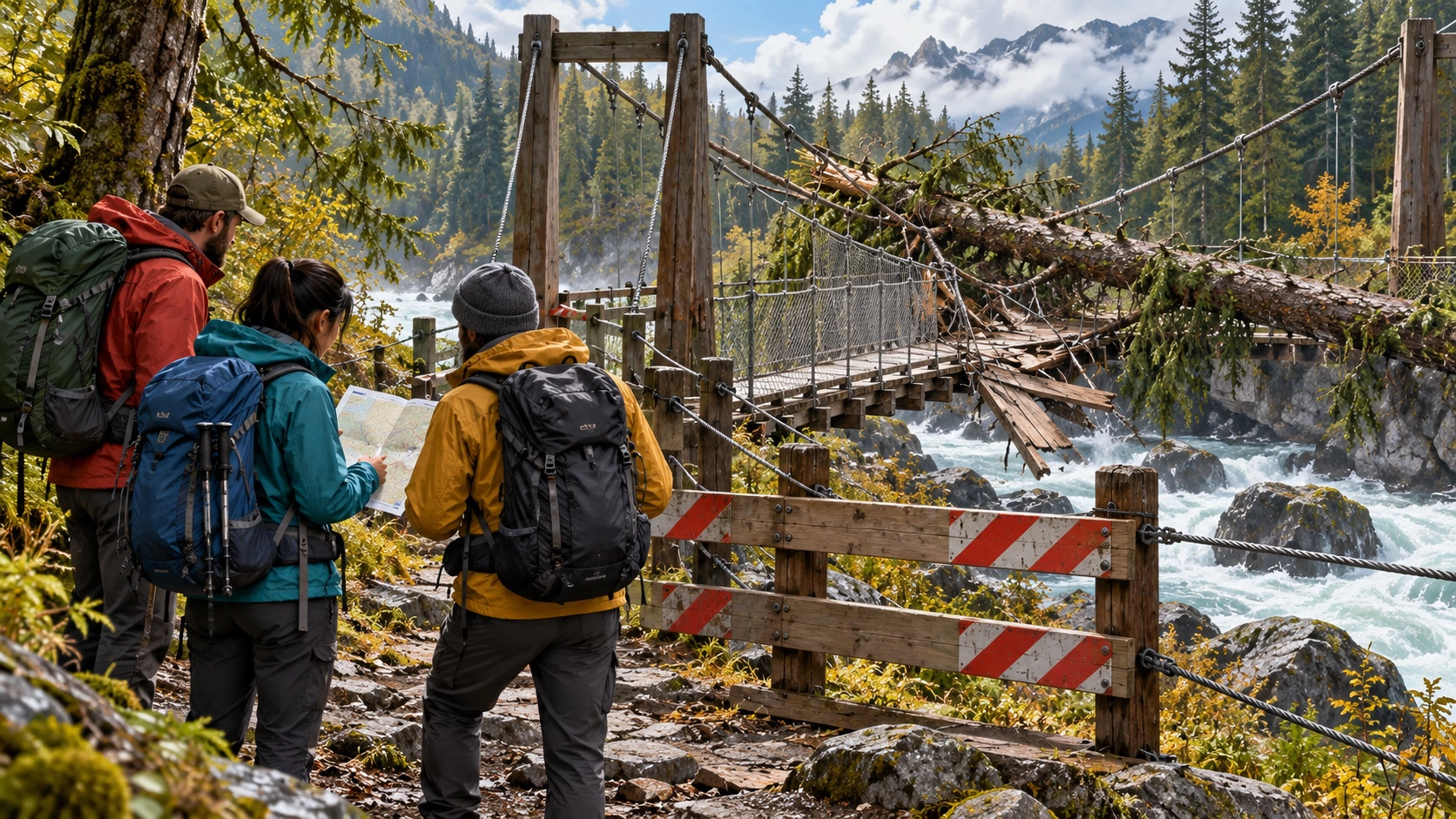Hikers consulting a map behind a barrier at a storm-damaged suspension footbridge