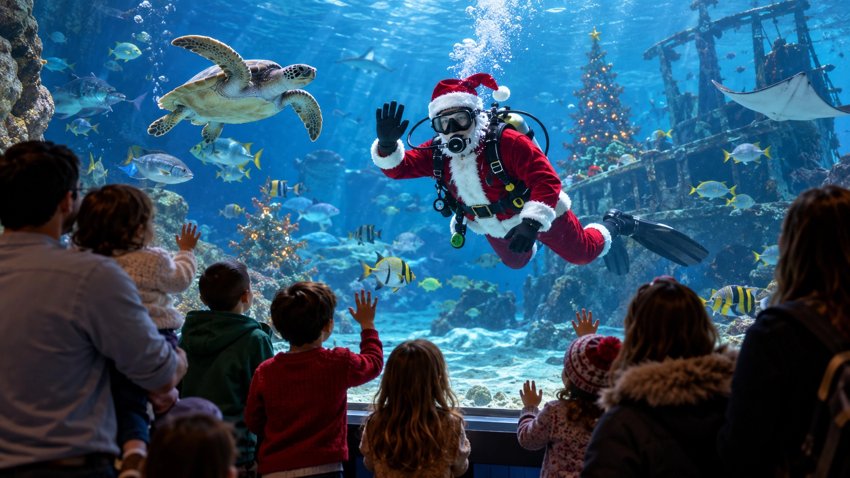 Holiday-costumed aquarium diver waving to families through a large underwater window