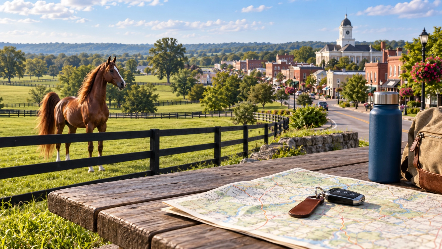 Saddlebred horse in fenced pasture near a small Kentucky downtown and trip map