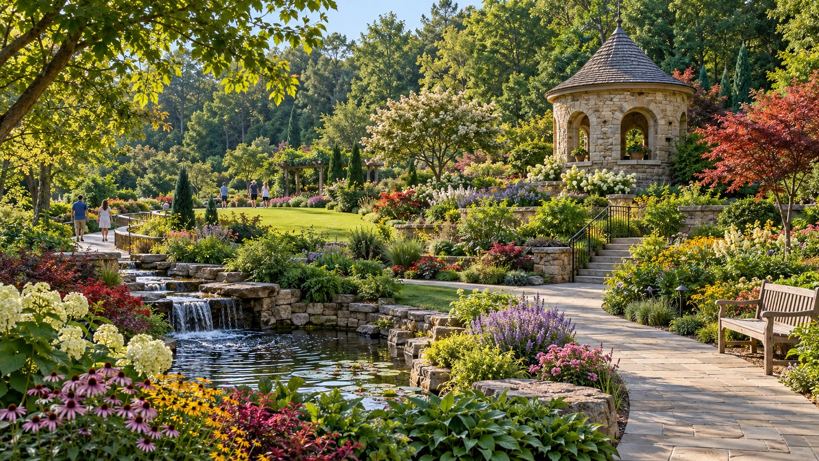 Designed botanical garden with stone pavilion, accessible paths, plantings, and benches